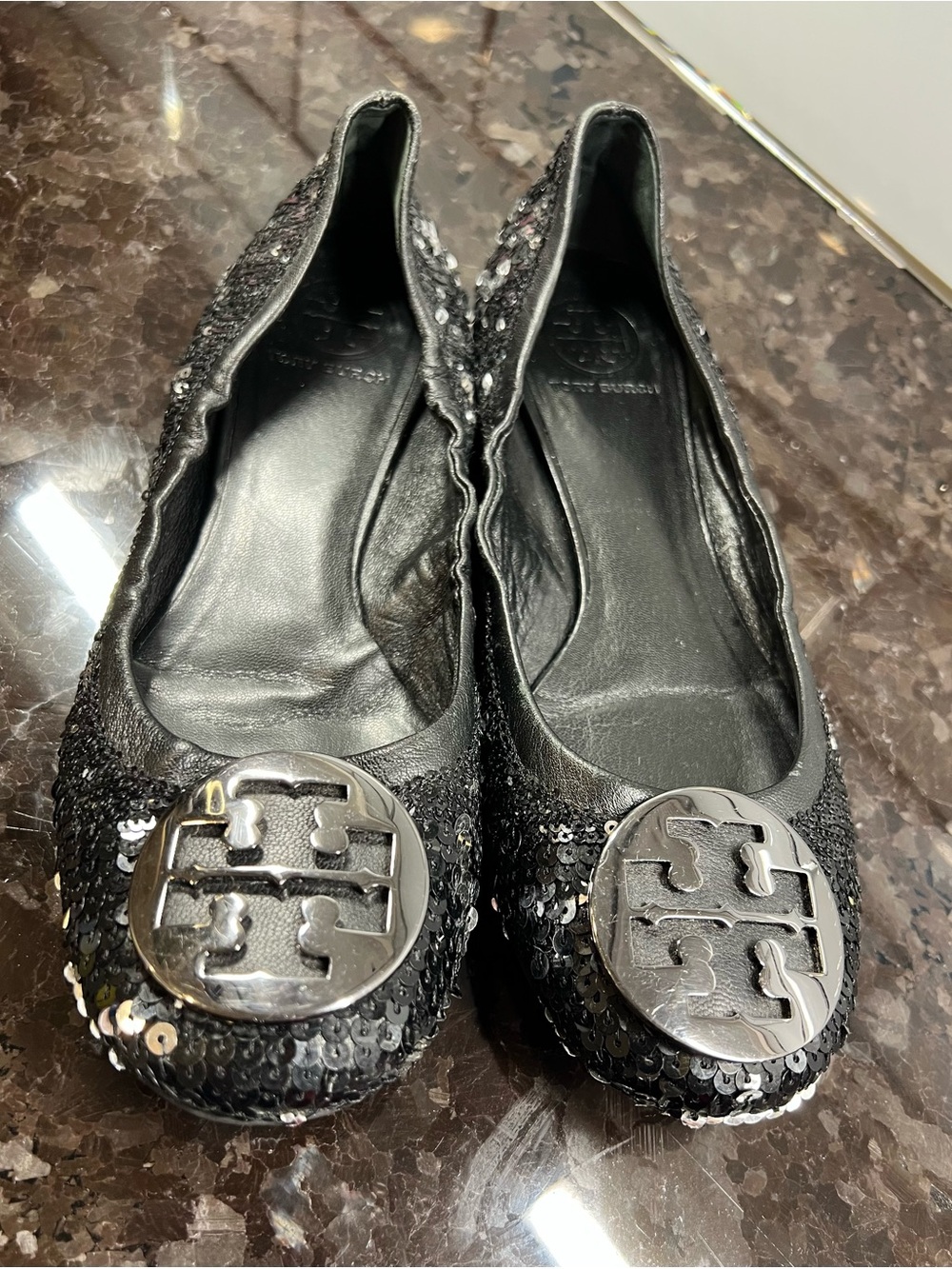 Tory Burch Black Sequin Reva Ballet Flats Size 9M